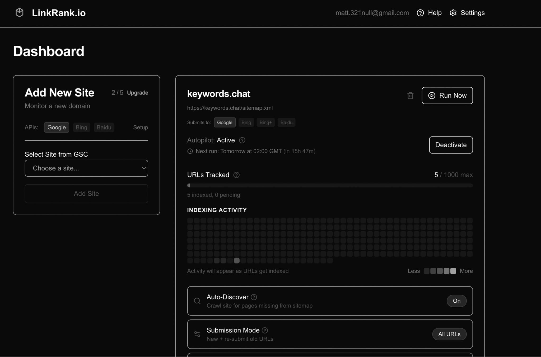 LinkRank.io Dashboard - Monitor your site indexing status